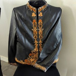 pamela mccoy leather blazers with orange embroidery and beading size L black
